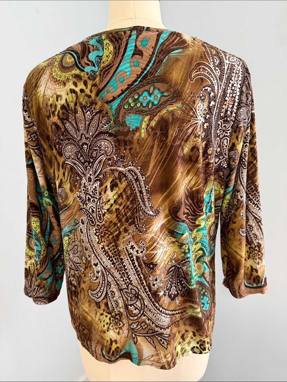 Peter Nygard Brown and Teal Paisley Animal Print 3/4 Sleeve Top SZL - Picture 2 of 14